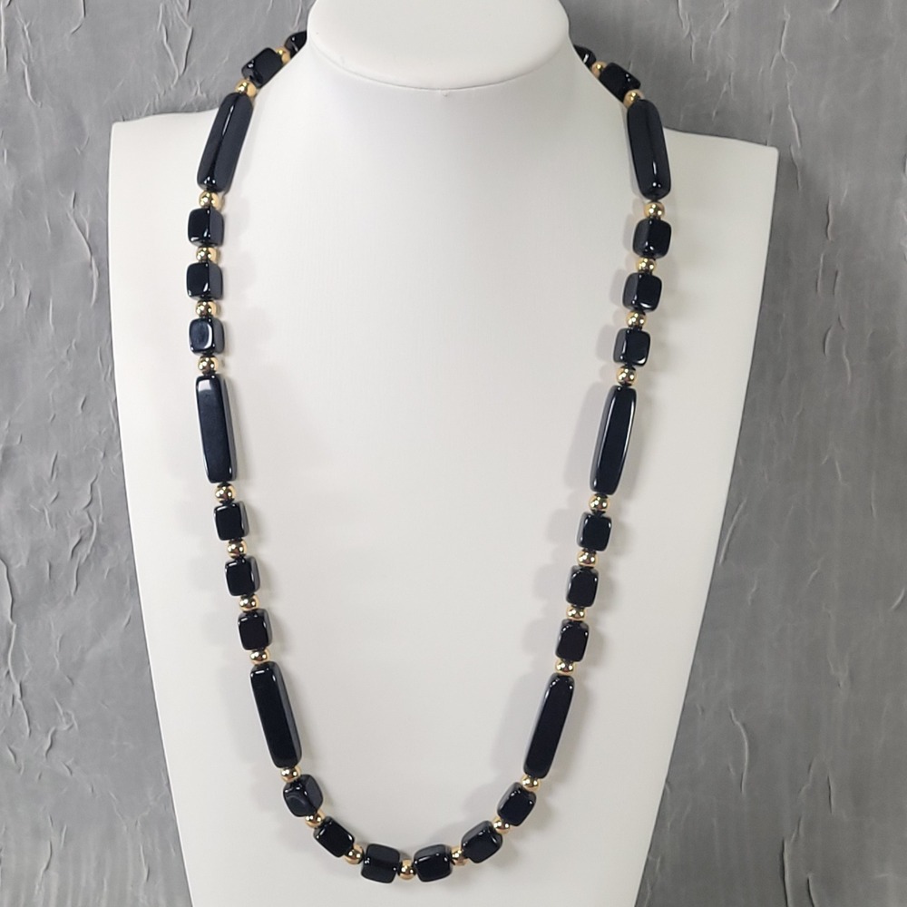 Trifari Necklace Women Black Acrylic Gold Tone Beaded Geometric Rectangle